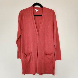 J. Jill Soft Wool Blend Long Coral Salmon Cardigan Sweater Pockets Size Medium